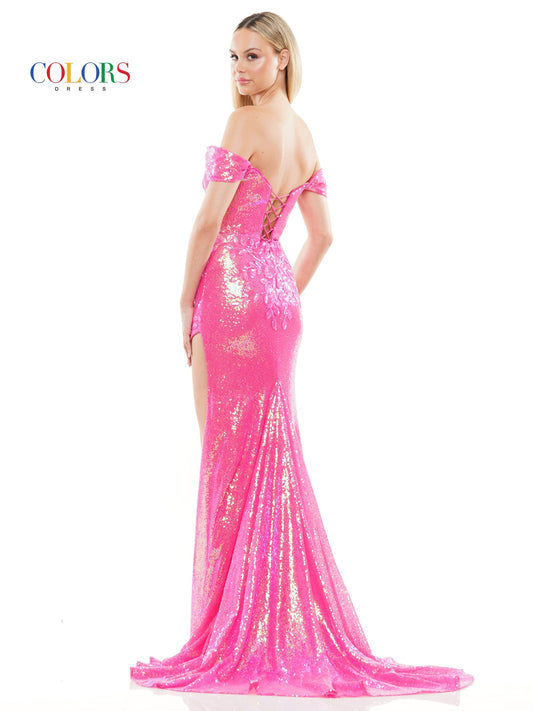 Colors 3144 Long Off Shoulder Sequin Fitted Prom Dress