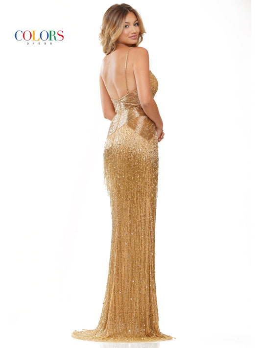 Colors 3147 Long Formal Beaded Fringe Prom Dress