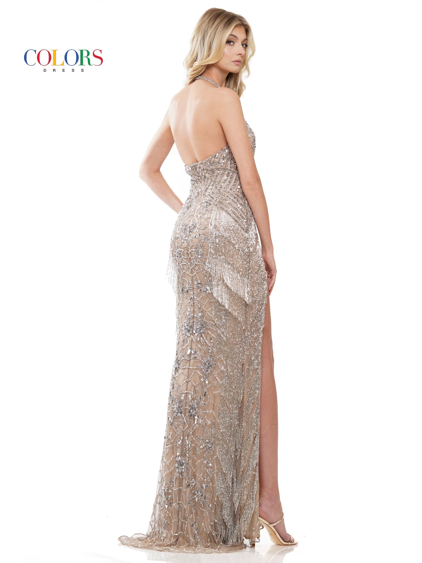 Colors 3153 Long Formal Halter Fitted Slit Prom Dress