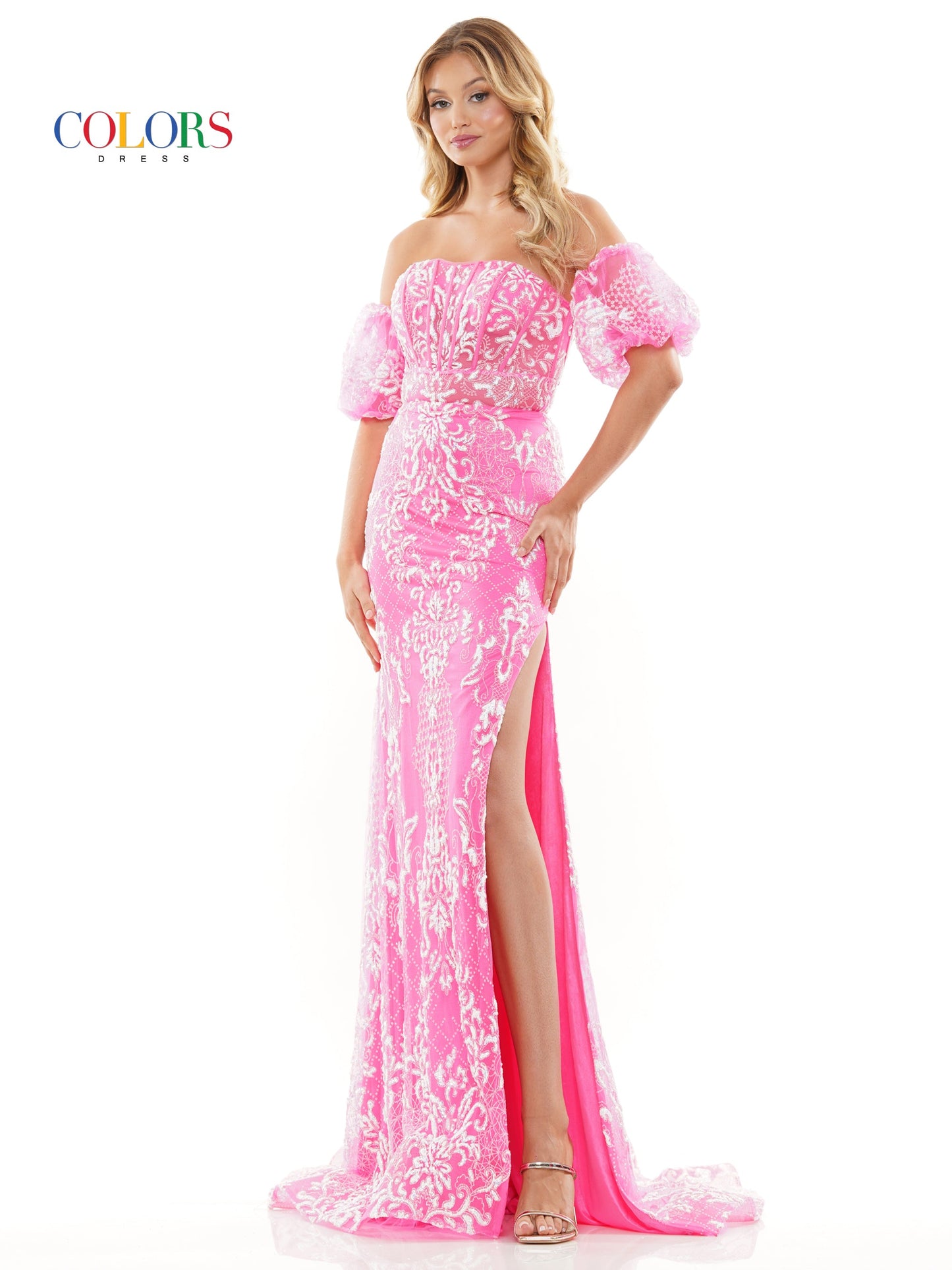 Colors 3160 Long Off Shoulder Glitter Mesh Prom Dress