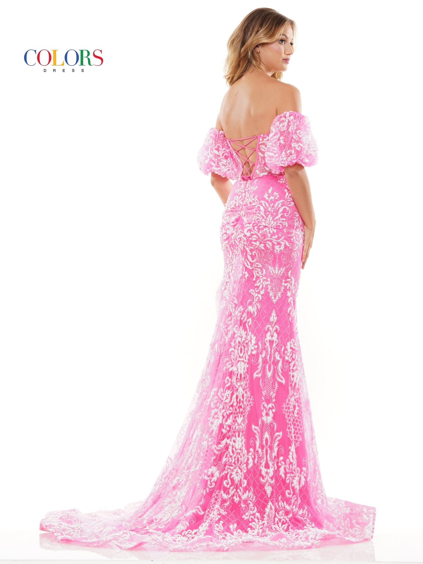 Colors 3160 Long Off Shoulder Glitter Mesh Prom Dress