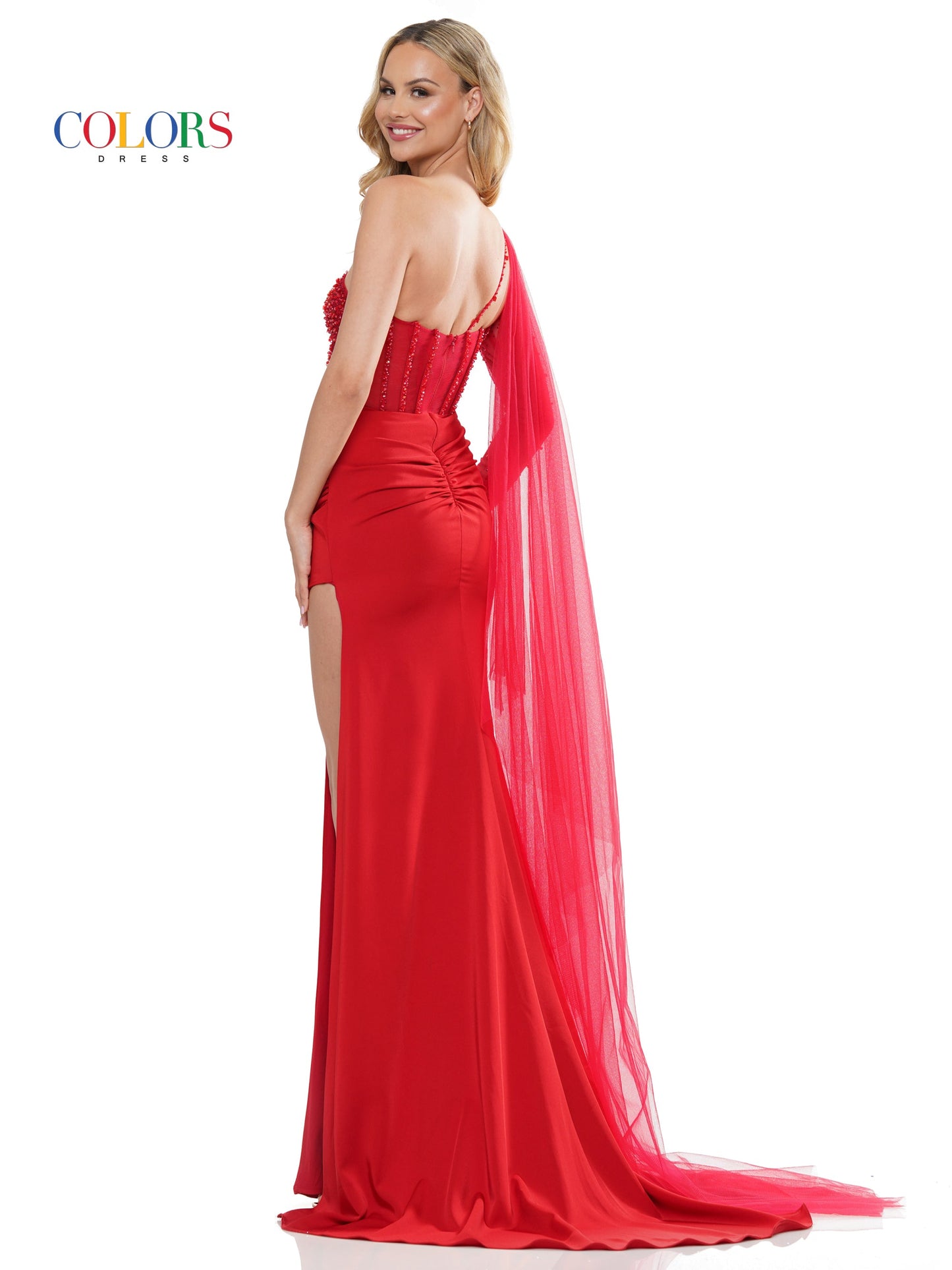 Colors 3164 Formal Long One Shoulder Beaded Mesh Prom Dress