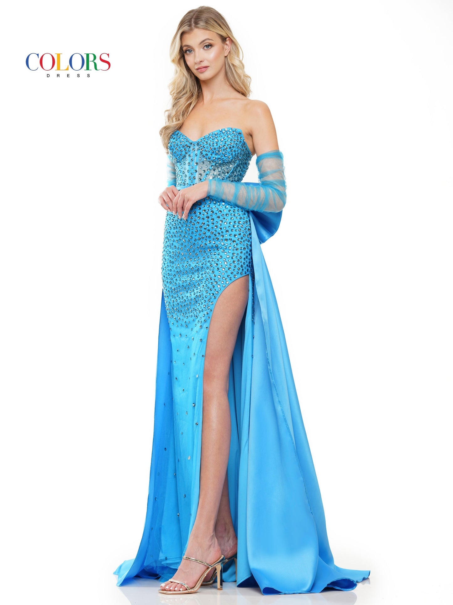 Colors 3168 Long  Formal Beaded Overskirt Prom Dress with Sleeves