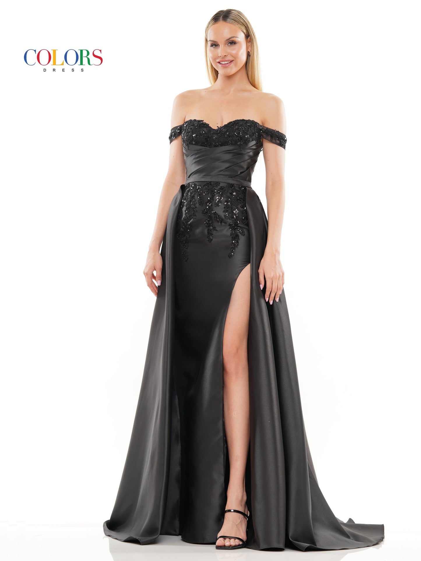 Colors 3177 Long Off Shoulder Satin Overskirt Prom Dress