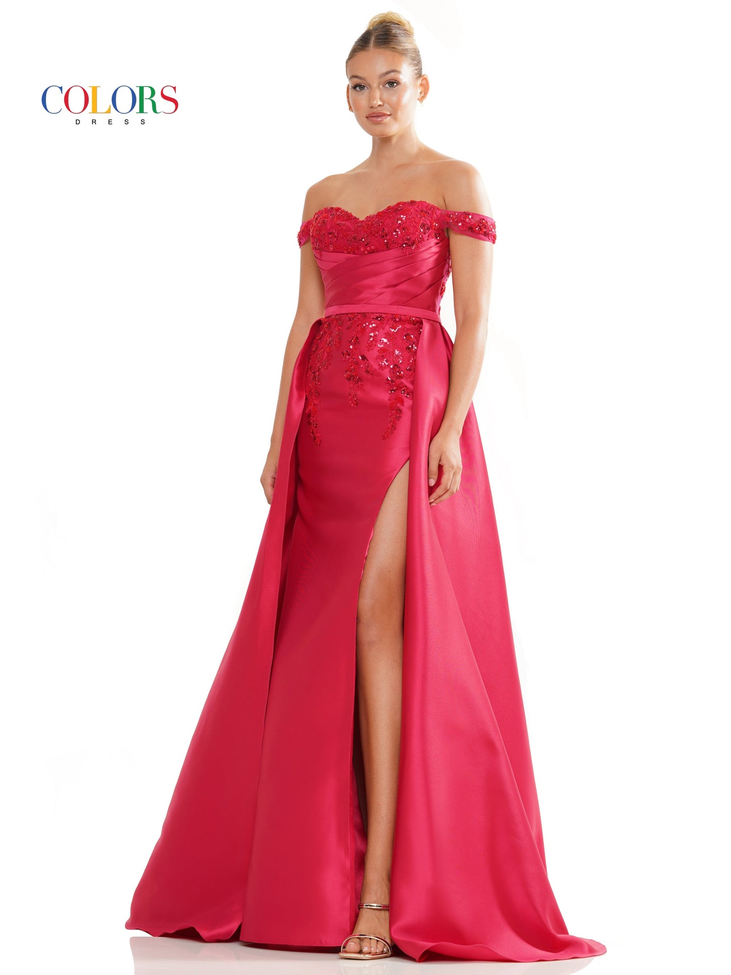 Colors 3177 Long Off Shoulder Satin Overskirt Prom Dress