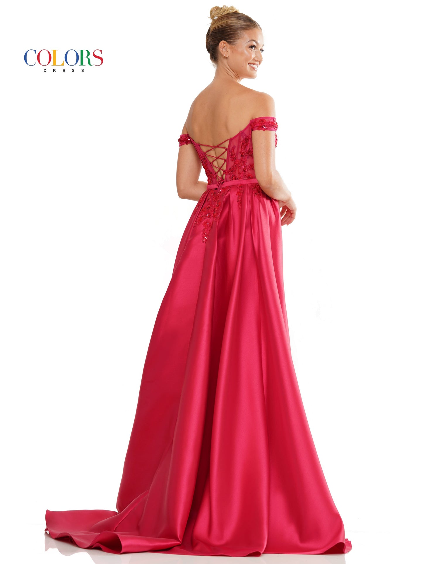 Colors 3177 Long Off Shoulder Satin Overskirt Prom Dress