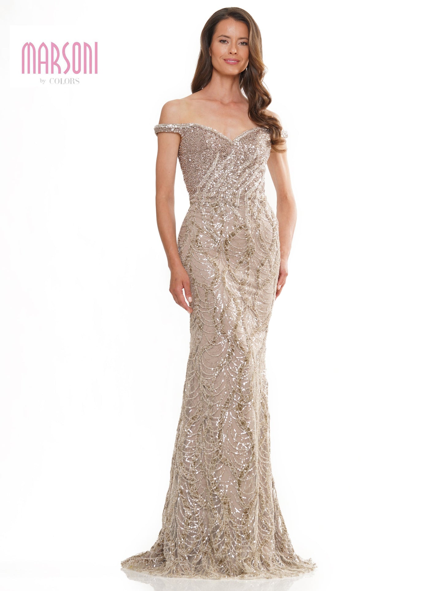 Marsoni MV1257 Long Beaded Off Shoulder Formal Dress