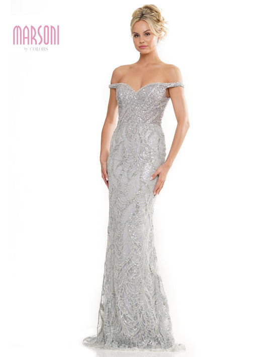 Marsoni MV1257 Long Beaded Off Shoulder Formal Dress