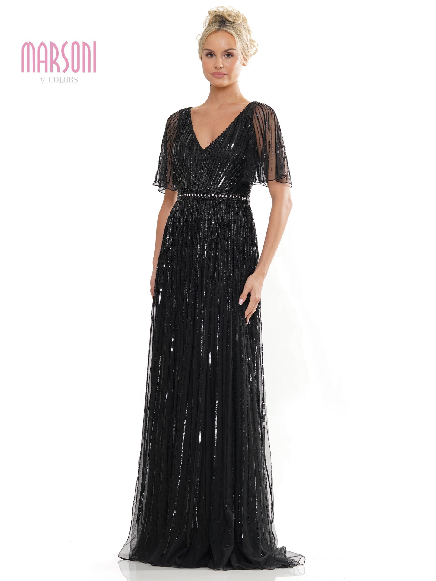 Marsoni MV1258 Mother of the Bride Long Beaded Mesh Short Sleeve Dress