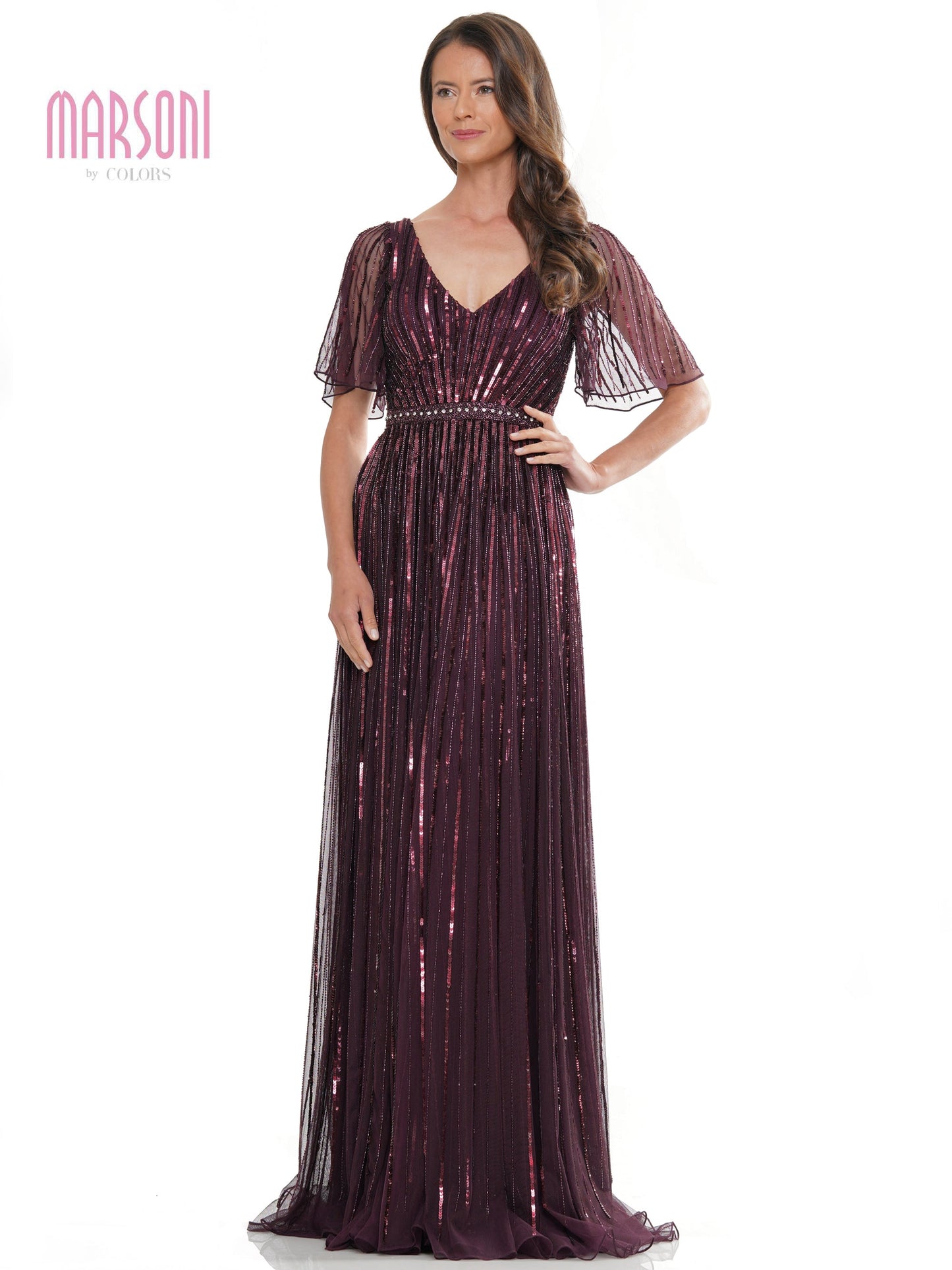 Marsoni MV1258 Mother of the Bride Long Beaded Mesh Short Sleeve Dress