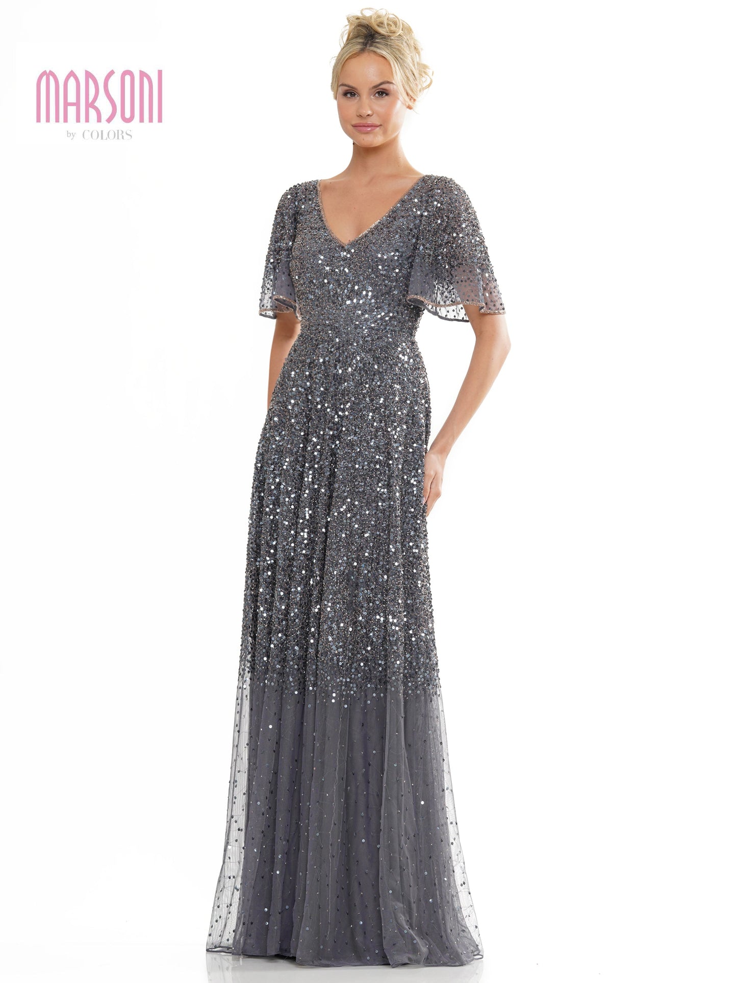 Marsoni MV1259 Long Beaded Formal Short Sleeve Dress
