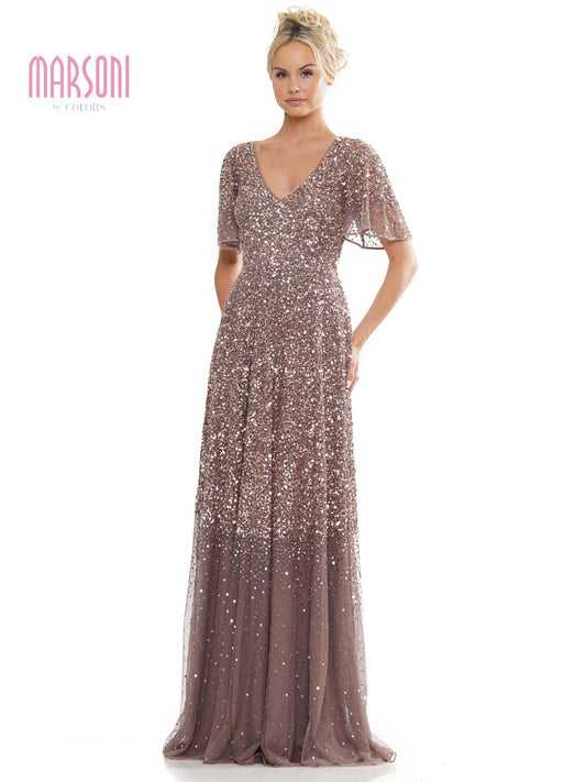 Marsoni MV1259 Long Beaded Formal Short Sleeve Dress