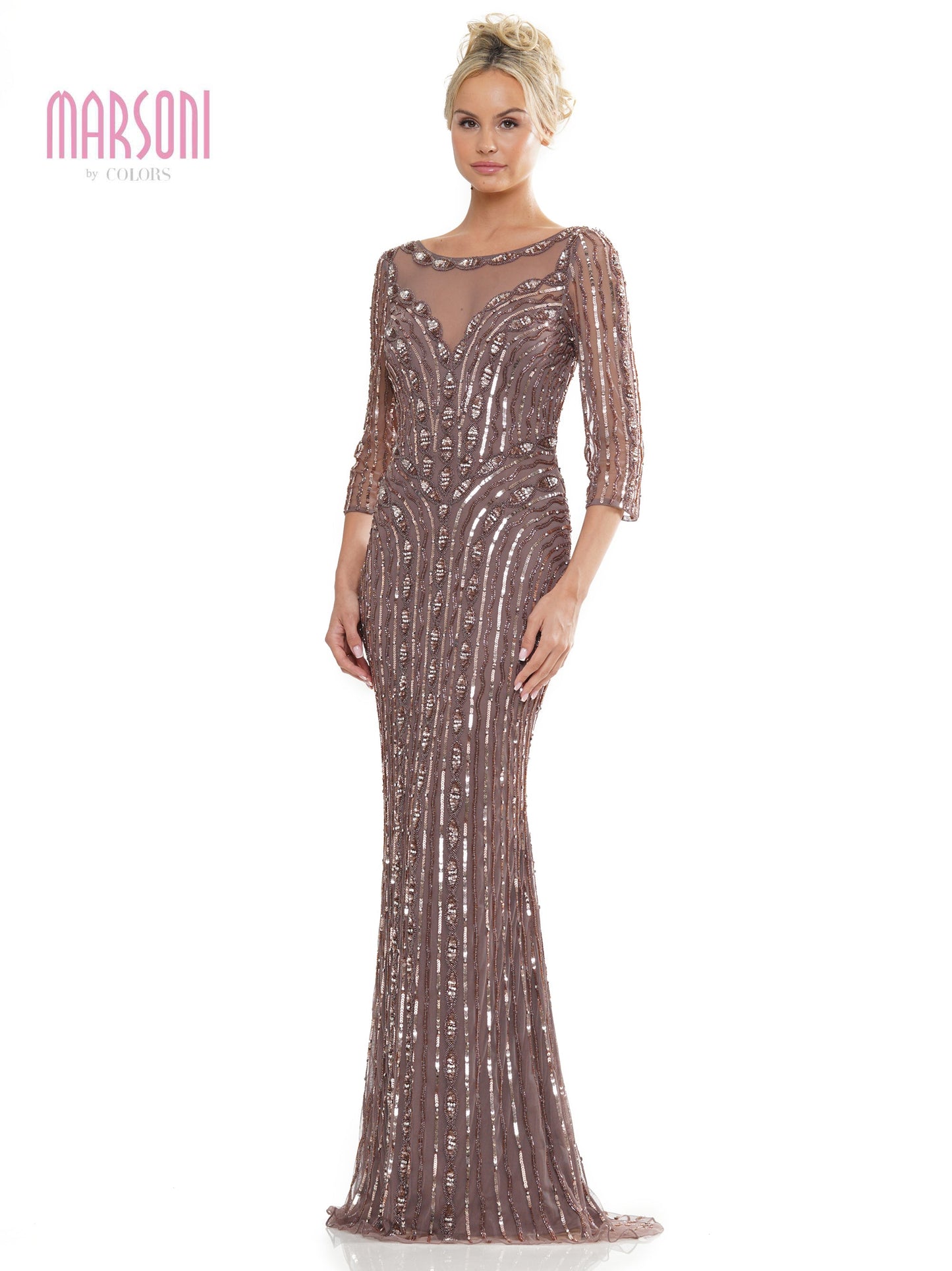 Marsoni MV1260 Mother of the Bride Long Beaded Mesh Quarter Sleeve Dress