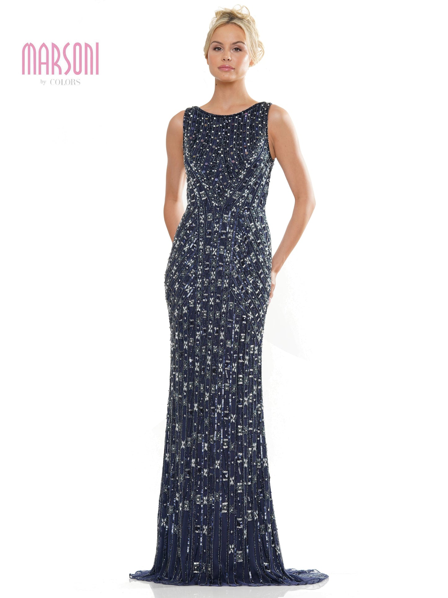 Marsoni MV1262 Formal Long Beaded Mesh Sleeveless Dress