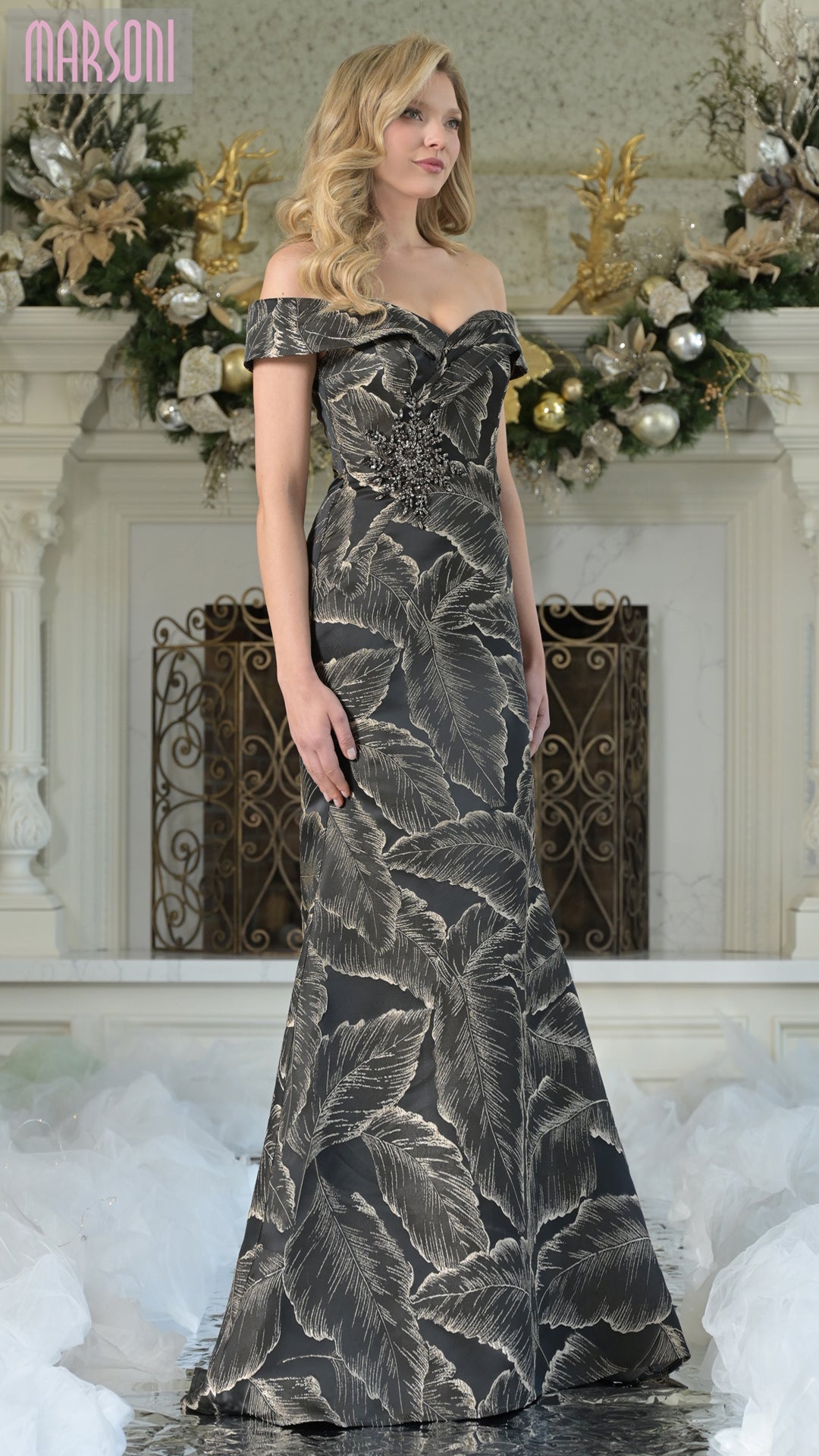 Marsoni MV1266 Mother of the Bride Off Shoulder Jacquard Dress